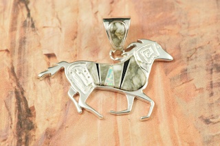 Genuine Picasso and Black Jade inlaid in Sterling Silver Horse Pendant. Beautiful Fire and Ice Lab Opal Accents. Precision inlay on the Bale and Pendant. Free 18